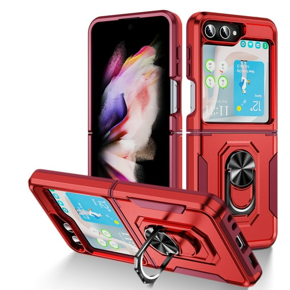 Nalacover Heavy Duty Case for Samsung Galaxy Z Flip5 with Rotated Ring Holder Kickstand Bracket, Military Grade Rugged Cover with Magnetic Car Mount TPU Shockproof Lens Protective Case, Red/Rose