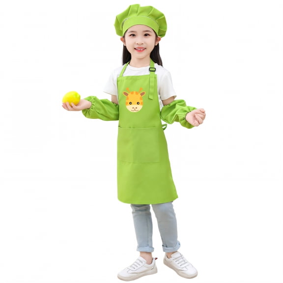 AUQ Kids Chef Hat and Apron,Form-Fitting Style Toddler Apron,Polyester Fiber Cloth Waterproof Apron,Green1