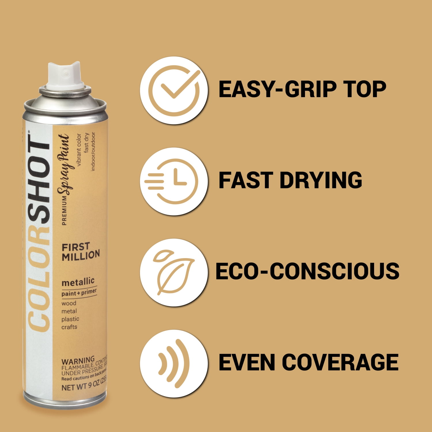 (2 pack) COLORSHOT Metallic Spray Paint, First Million (Gold Metallic) 9 oz, Fast-Drying Acrylic Paint, Indoor & Outdoor Use
