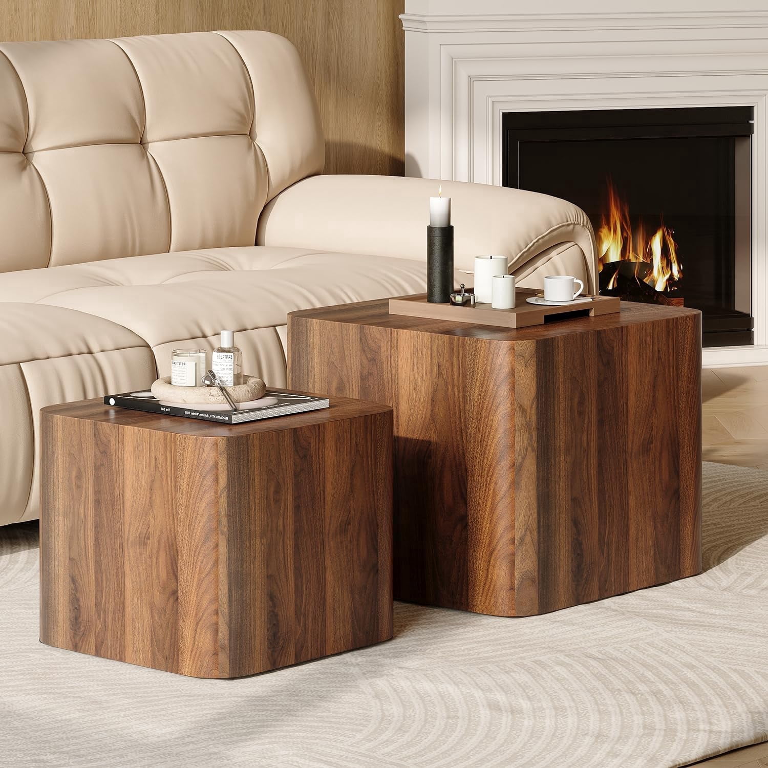 LAZZO Nesting Coffee Table Set of 2, Modern Wooden Coffee Table & End Table, Small Side Tables for Living Room, Bedroom & Apartment, Brown