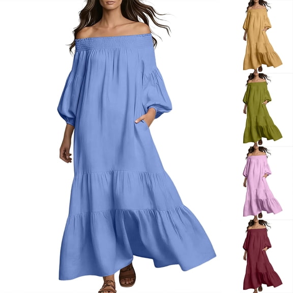 FRSASU Long Sleeve off the Shoulder Dress for Women Tiered Maxi Dress A Line Ruffled Elegant Flowy Long Dresses Wine-A