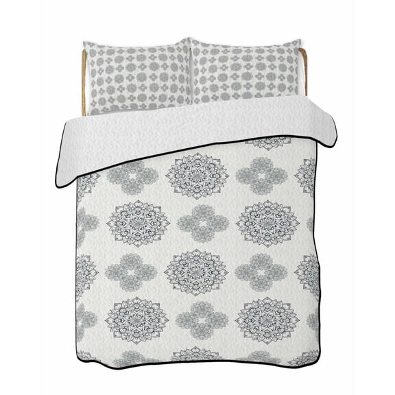Quilts Full Size Bedding Set, Vintage Bohemia Lightweight Quilted Comforter, Blue Gray Boho Abstract Flowers Beige Soft Reversible Bedspread Coverlet with Pillow Covers for All Season, 78" x 90"