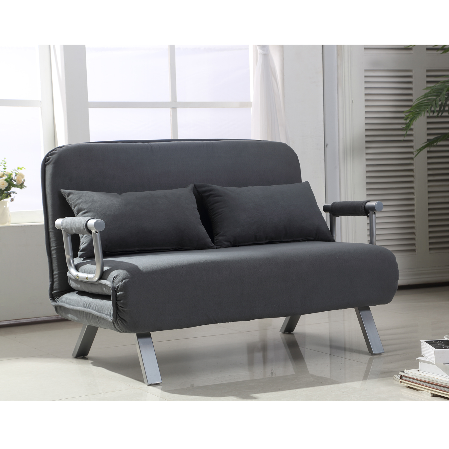 HomCom Small Sofa Couch Futon with Fold Up Bed and Adjustable Backrest, featuring Modern Design with Chic Suede, Grey - image 2 of 10