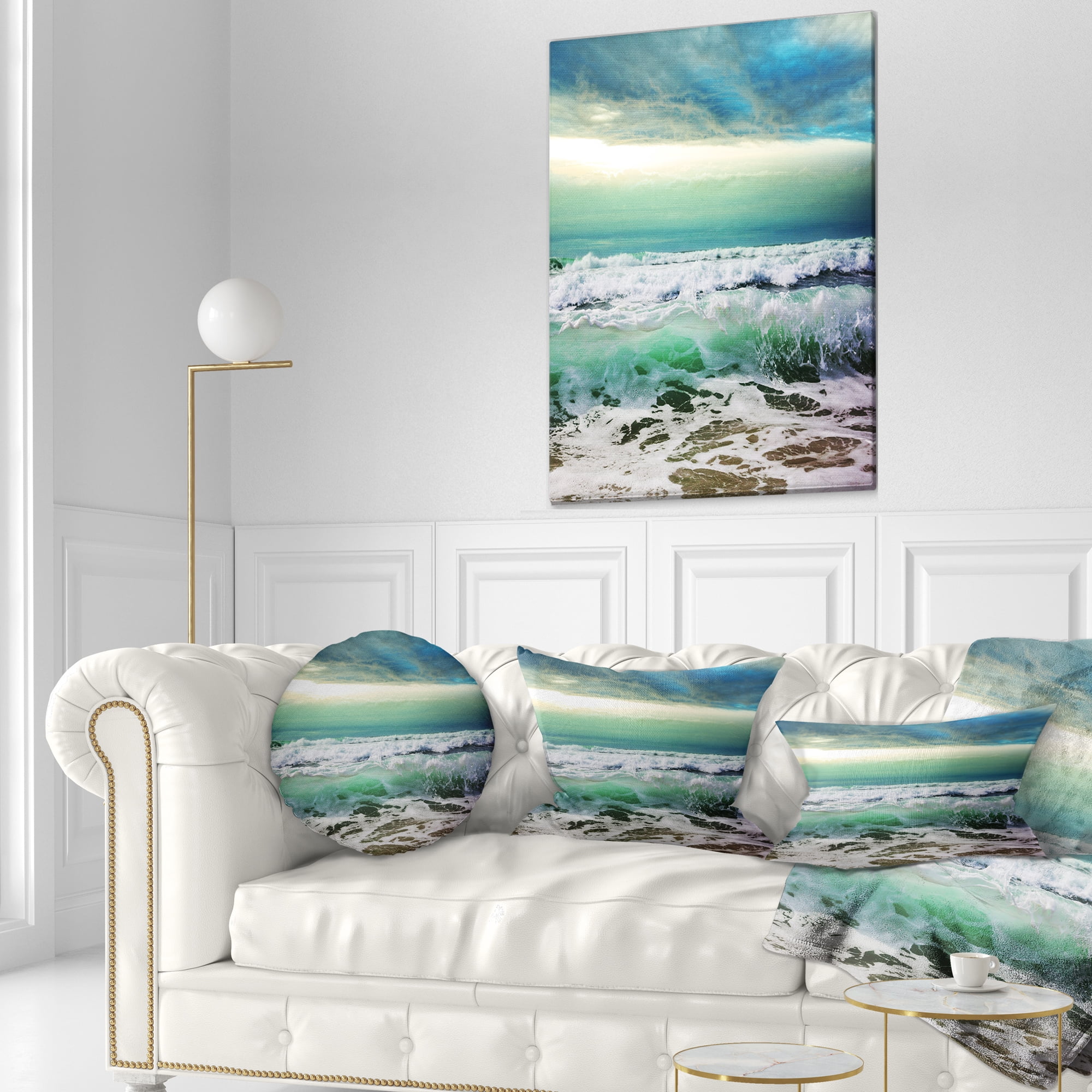 Designart Green Foaming Waves and Blue Sky - Seashore Throw Pillow - 12x20