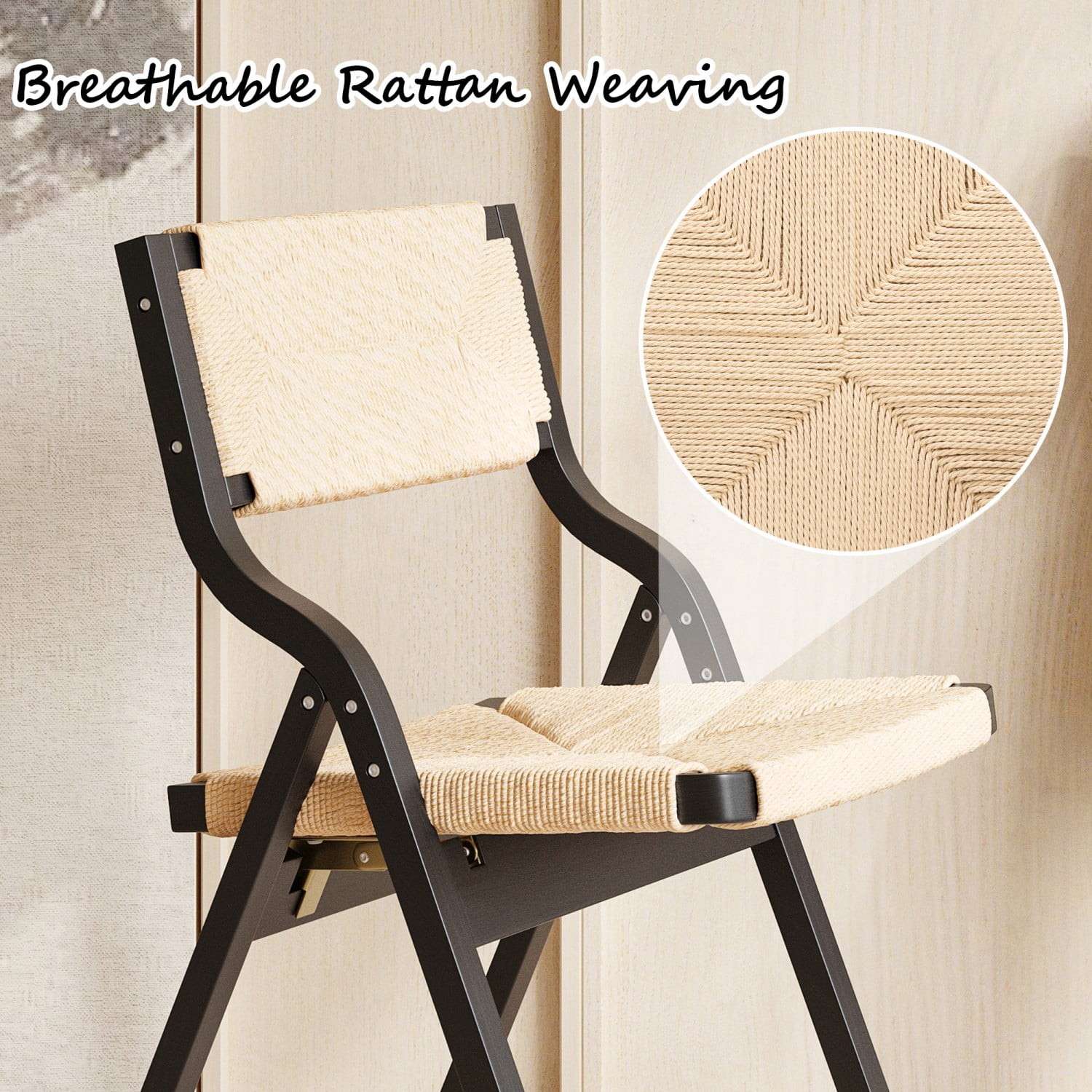 Folding Dining Chairs Set of 2, Wooden Foldable Chairs with Woven Seat & Webbing Back, Space-Saving Kitchen & Dining Room Chairs, Black & Natural
