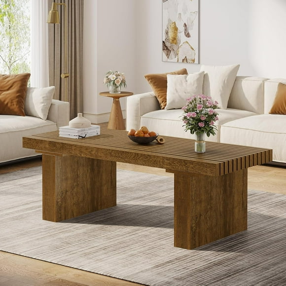 Tribesigns Rectangle Coffee Table, 47.24-Inch Wood Modern Coffee Table for Living Room, Farmhouse Coffee Table Center Table with Slat Tabletop, Brown