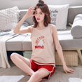 thumbnail image 2 of Conjuntos de Pijamas de algodón con dibujos animados para mujer, ropa de dormir femenina con bolsillo, camiseta sin mangas, pantalones cortos con lazo, traje de dormir, 2 of 4