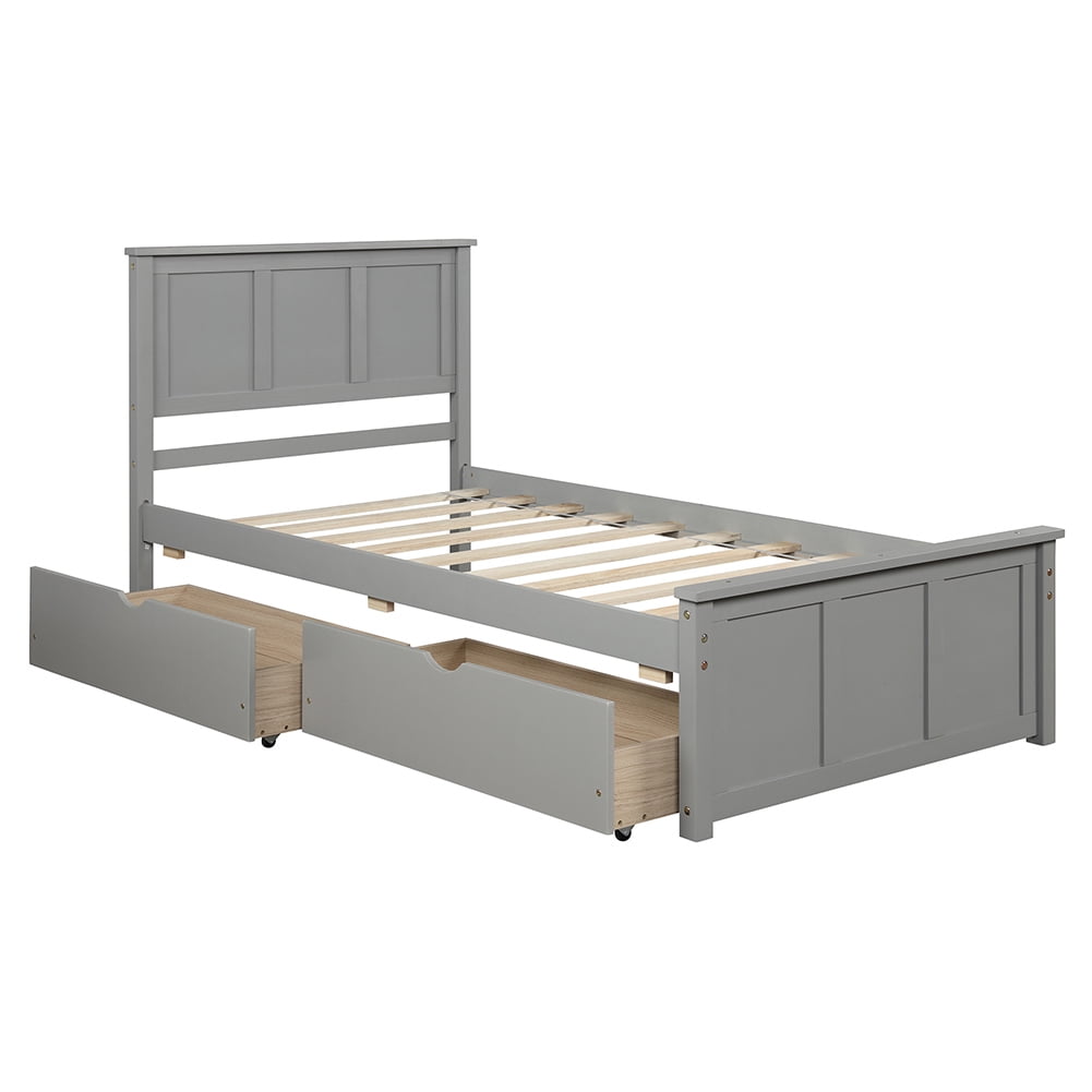 Resenkos Platform Storage Bed, with 2 Underbed Storage Drawers and wheels,Twin Size Frame,Gray