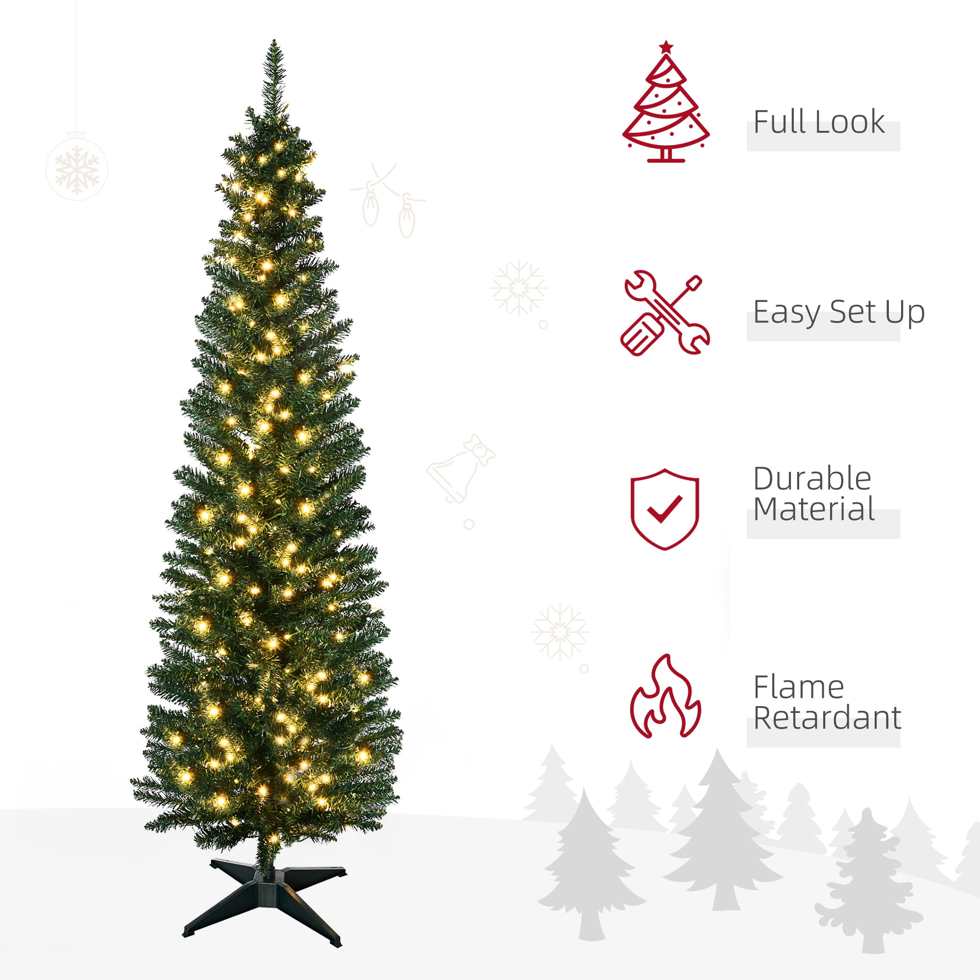 5FT Green Slim Pencil Artificial Christmas Tree, 294-499 PVC Tips with 110-200 Warm White LEDs, Section Design, Flame Retardant, Sturdy Base, Indoor Holiday Decor
