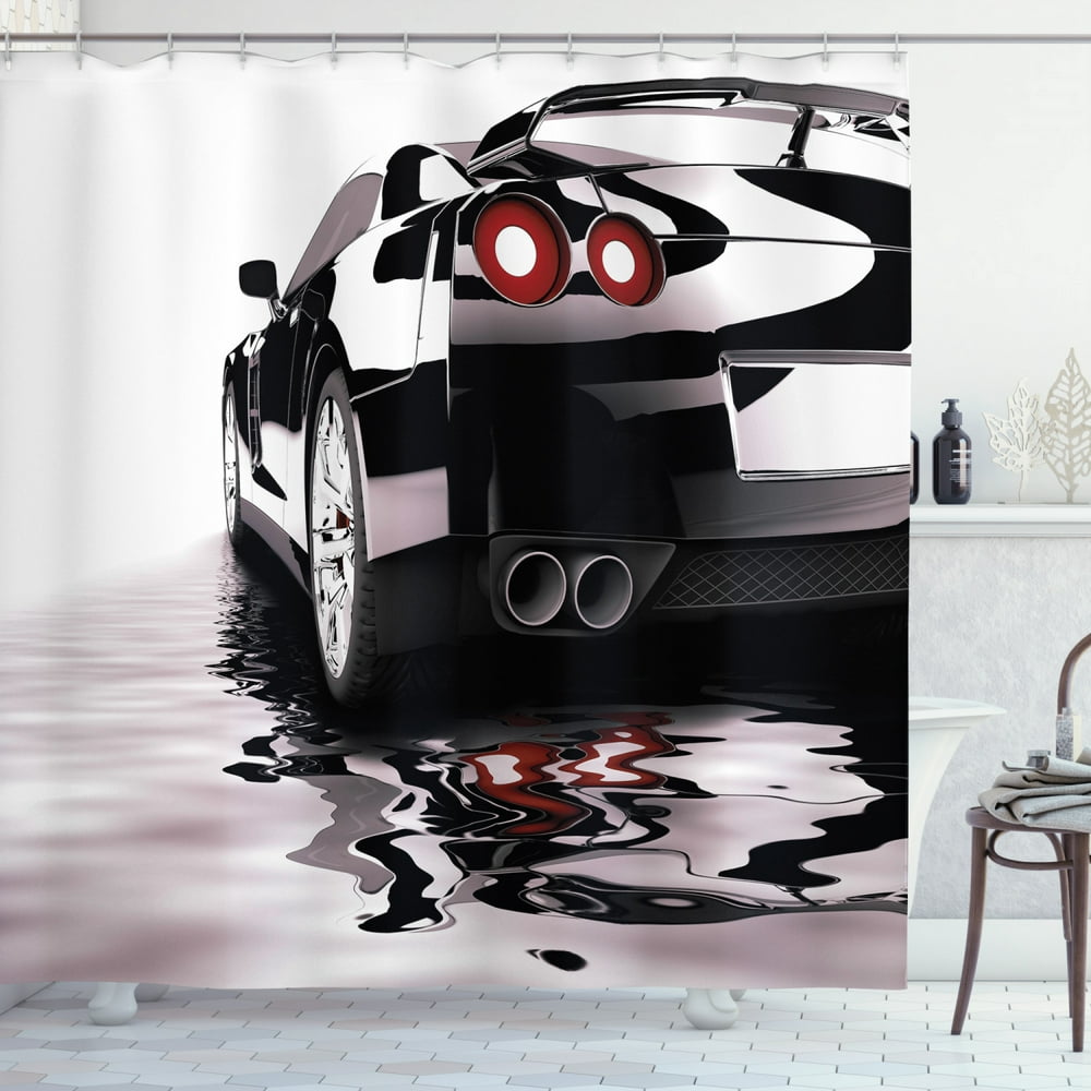 Cars Shower Curtain, Modern Black Car with Water Reflection Prestige ...