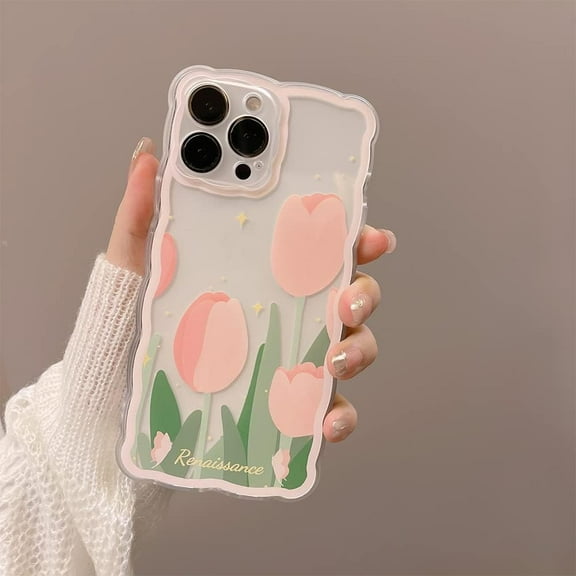 Tulip Flower Case for iPhone 13 Pro Max, Cute Floral Leaves Pattern Curly Wave Frame Shape Lace Design Phone Case Clear Slim Soft Shockproof Protective TPU Bumper Cover for Women Girls - Pink