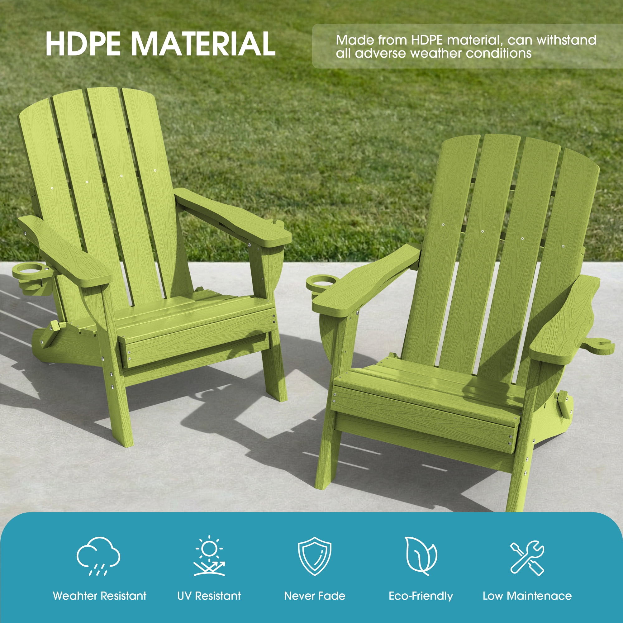 SUUNYN Folding Adirondack Chair, HDPE All-Weather Fire Pit Chairs, Plastic Adirondack Chairs with 2 Cup Holder,Light Green