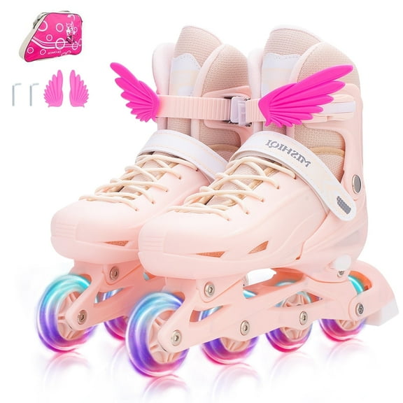 GIATUEE Adjustable Light up Kids Roller Skates for Boys Girls, Inline Skates with Bag, Pink(Large)
