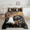 thumbnail image 2 of Feelyou Boho Floral Ghost Queen Comforter Set, Spooky Retro TV Black Cat Comforter Sets Queen, Cream Black, Black Reversible, 3 Pieces, 1 Comforter and 2 Pillowcases, 2 of 7