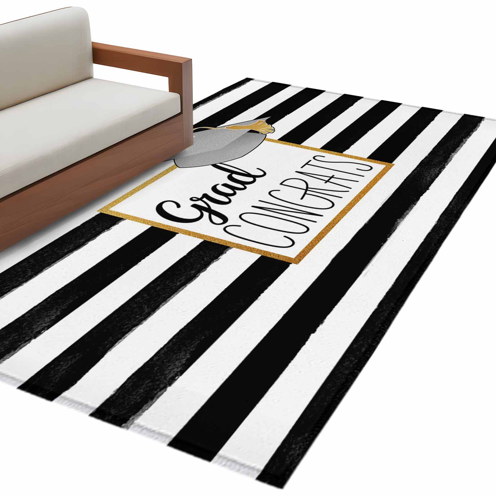 Rectangle Area Rug 4x6ft, Graduation Hat Golden Lines Border Non-Slip Non-Shedding Floor Mat, Black White Stripe Washable Sturdy Carpet for Living Room Bedroom Home Decor