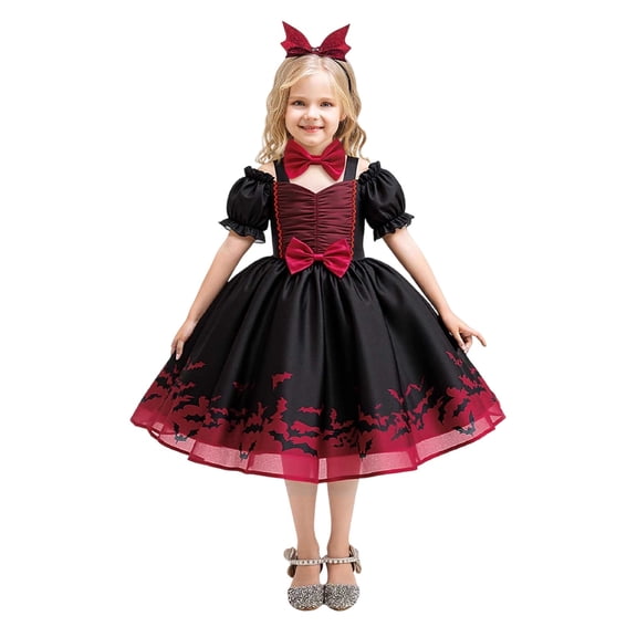 JCCXIN Toddler Kid Girls Dresses Halloween Party Dress Up Ball Gown Tiered Tulle Tutu Bow Cartoon Print Puff Sleeve Spaghetti Strap Festival Performance Wear Cozy Holiday Sundress,Red,3-4 Years