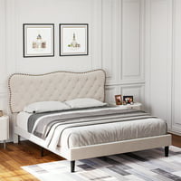 Homfa Queen Size Linen Upholstered Platform Bed Frame with Headboard