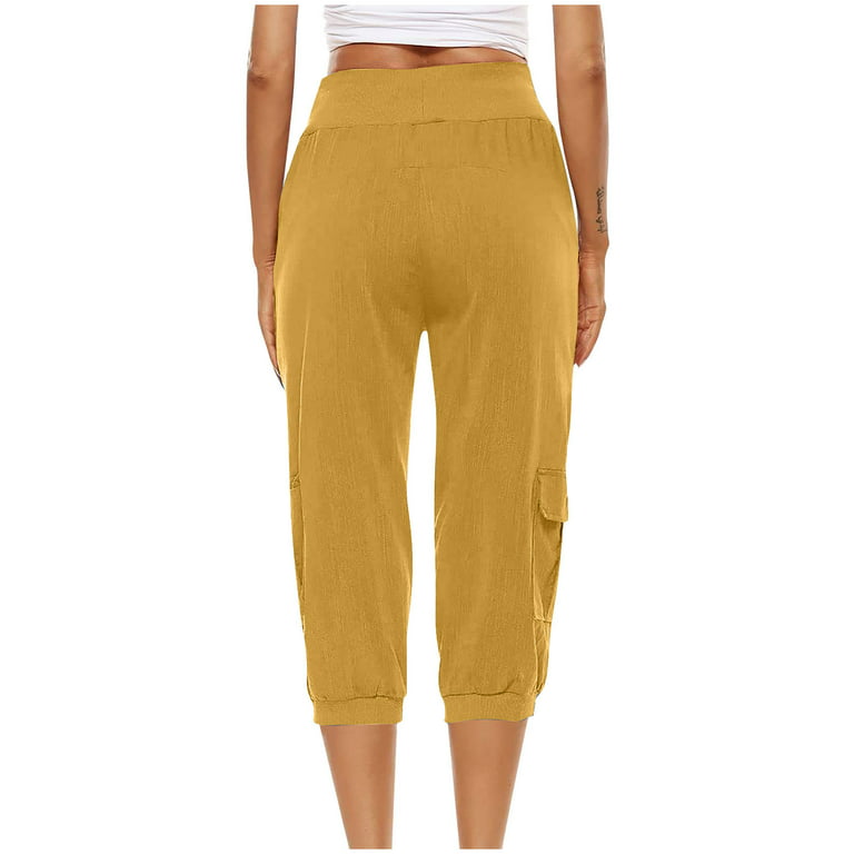 Capri Pants for Women Cotton Linen Plus Size Cargo Pants Capris Elastic  High Waisted 3/4 Slacks with Multi Pockets (XX-Large, Black) 