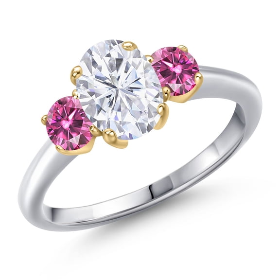 Gem Stone King 10K Two Tone Gold White Moissanite and Pink Moissanite Engagement Ring for Women | 1.96 Cttw | Oval 8X6MM | Gemstone Birthstone | Size 5