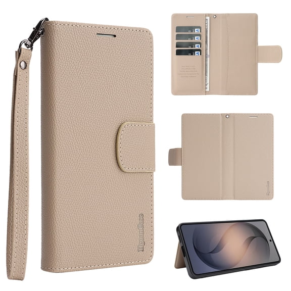 Protective Wallet Case for Samsung Galaxy S26, Classic PU Leather TPU Magnetic Detachable Cover with Card Slots Cash Pocket Kickstand RFID Blocking Wrist Strap, Apricot