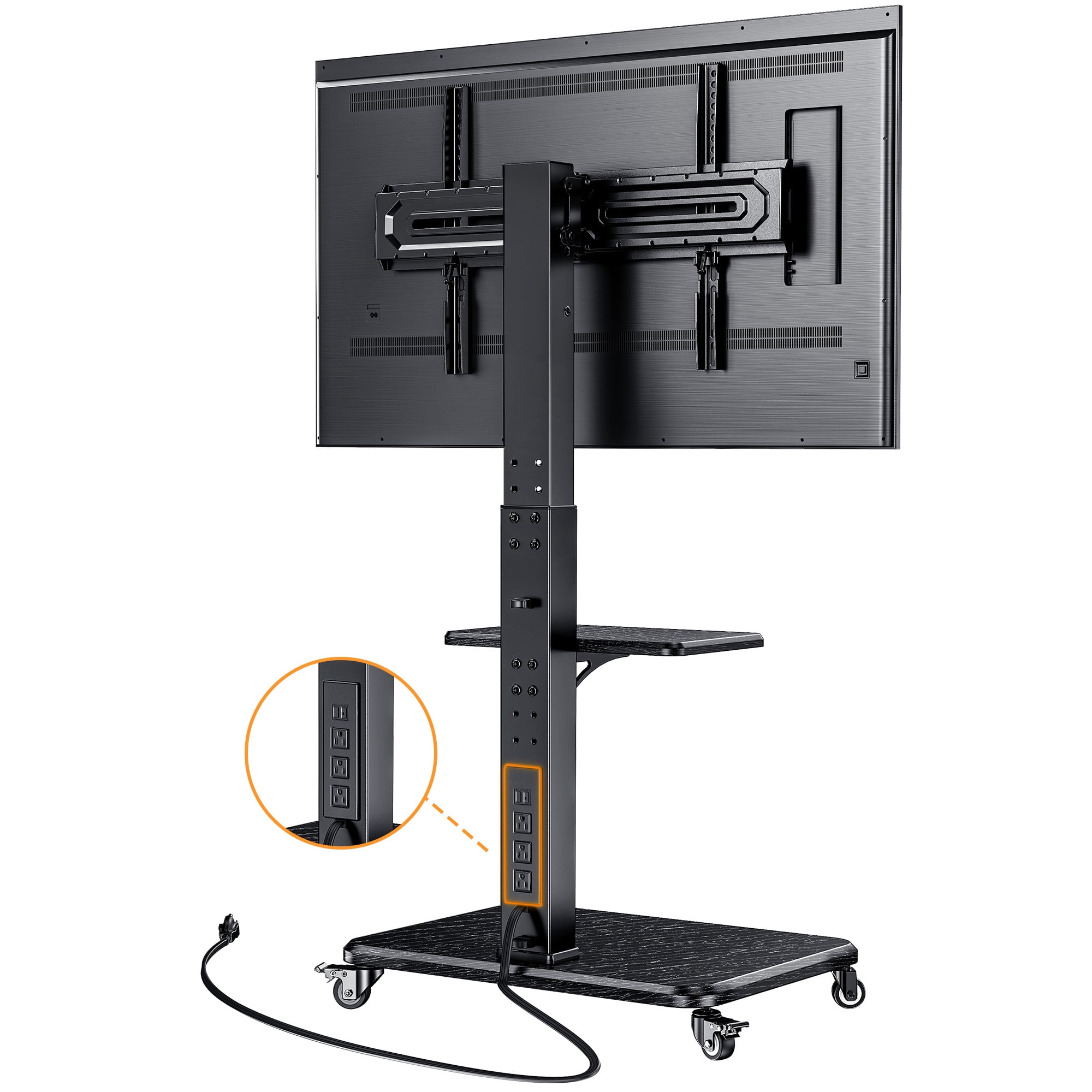 MountFTV Rolling TV Stand with Power Outlet for 32-75 inch TVs,Holds up to110lbs,12 Height Adjustable Mobile TV Cart with Metal Shelf,Tilt & Swivel,Max 600x400mm