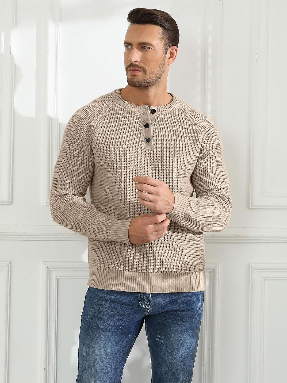 QDG Men's Henley Knit Pullover Sweater with Waffle Texture photo 6