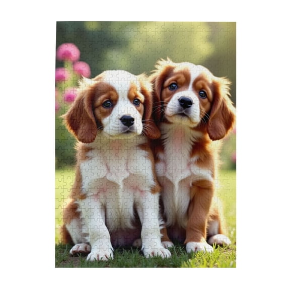 500 Piece Jigsaw Puzzle For Adults Adorable Puppy Pair Challenging & Fun Activity Relaxing Brain Teaser Quality Wooden Pieces Great Gift Idea