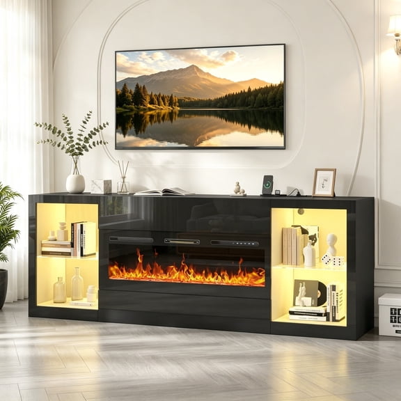 High Gloss Fireplace TV Stand, Fits up to 100'' TV with 50'' Electric Fireplace and LED Lights, Black