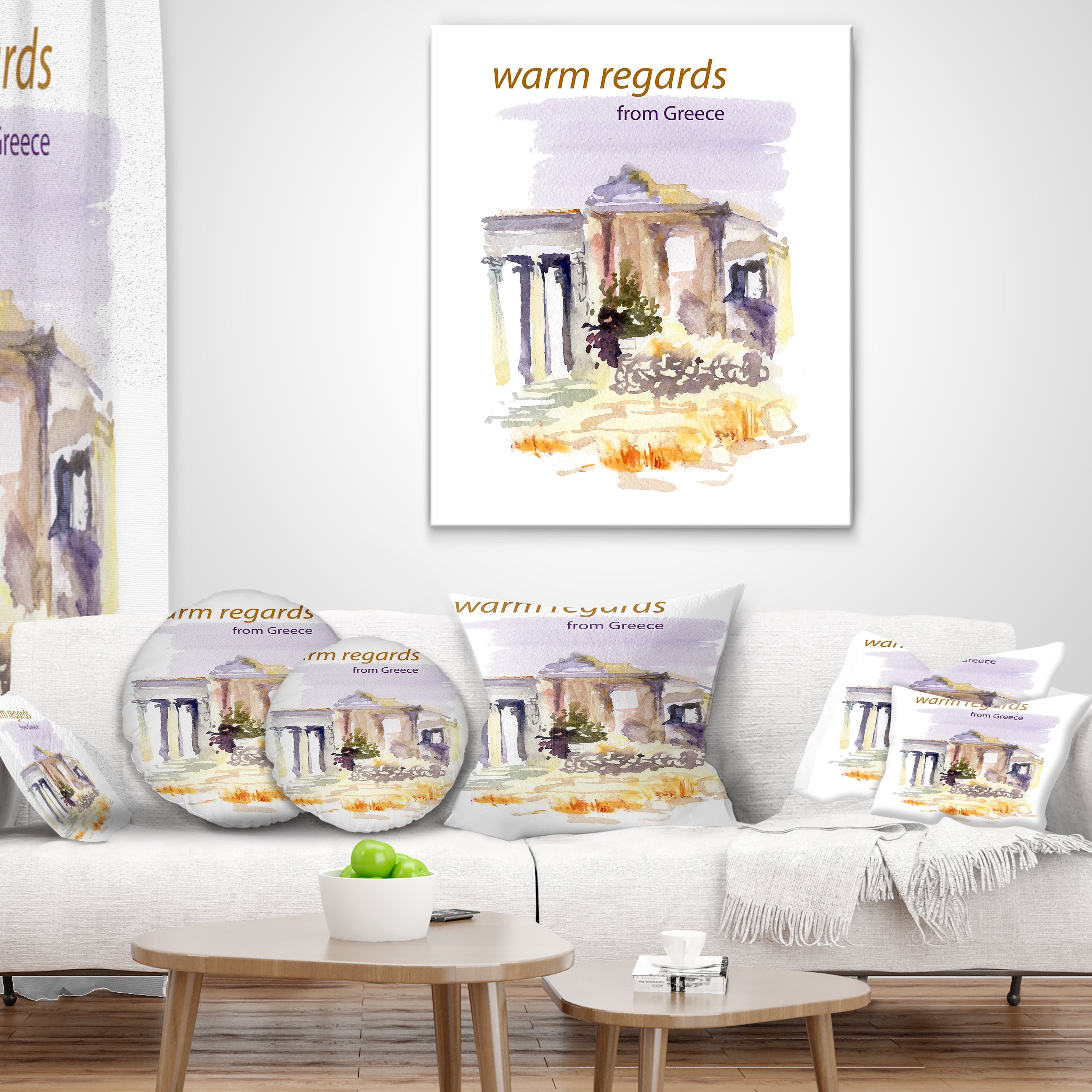 Designart Old Greece Vector Illustration - Cityscape Painting Throw Pillow - 12x20