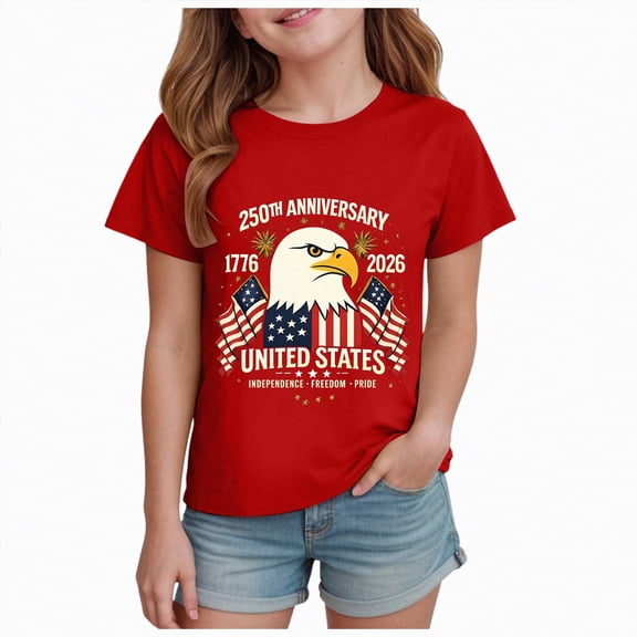 mgoYE Girls Boys American Flag Shirts USA Flag Stars Stripes Graphic Blouse Patriotic Shirt 4th of July T Shirt Summer Tops Tee 250th Anniversary USA Shirt Girls Boys(Red,13-14 Years)