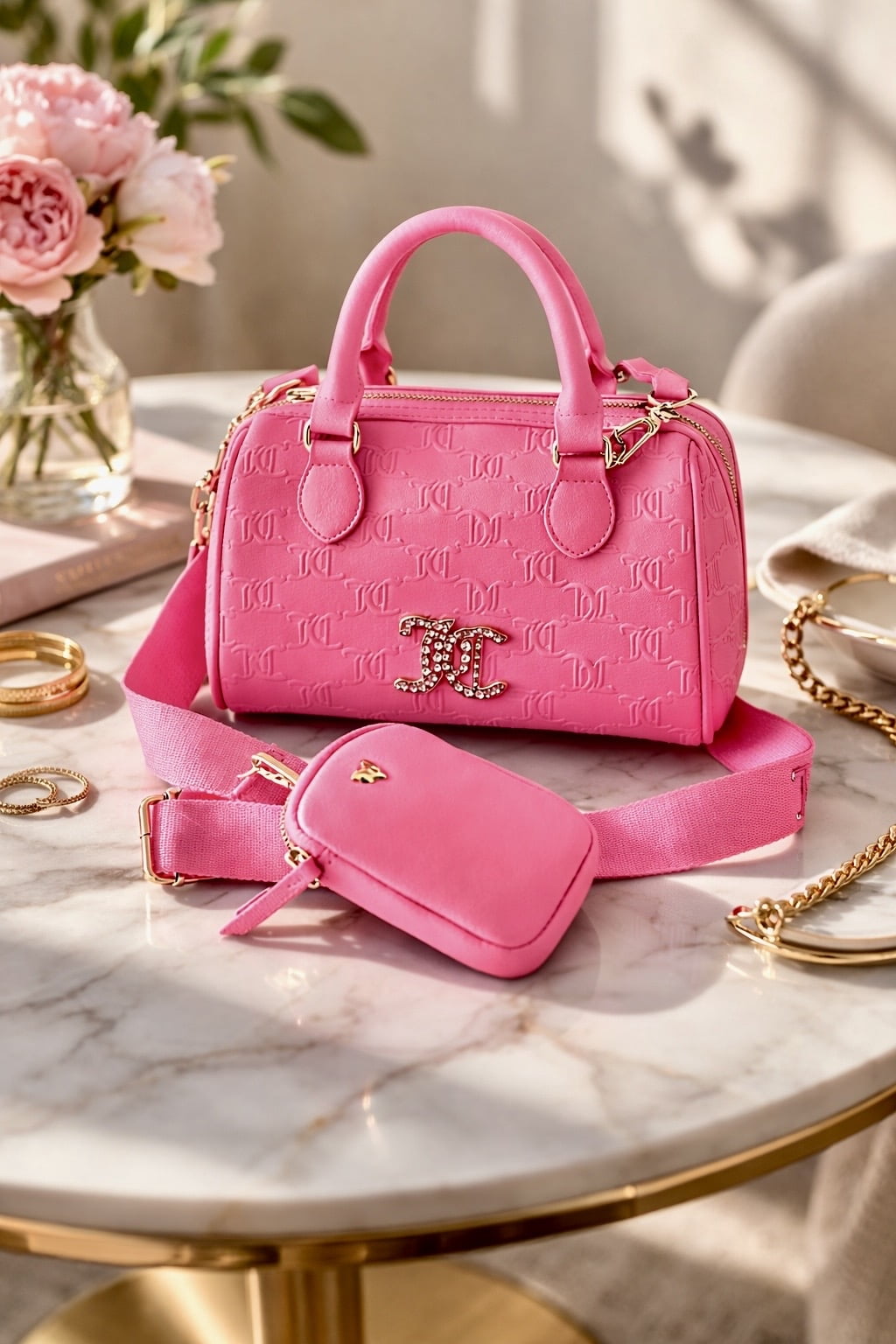 Juicy Couture Women's Faux Leather Saddle Satchel with Detachable Crossbody Strap, Pink