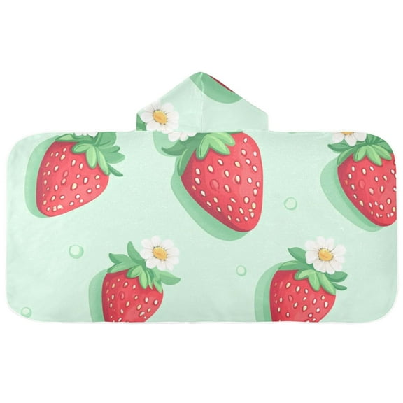 Strawberry and Daisy Pattern Hooded Beach Towel Kids Bath Towels Quick Dry for Pool Swiming 50" x 23.5" Microfiber Soft Bathrobe