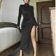 thumbnail image 3 of Gibobby Vestido sexy para fiesta Vestido de terciopelo largo de manga larga con cuello para mujer Vestido con abertura plisada entallada sexy(Negro,M), 3 of 4
