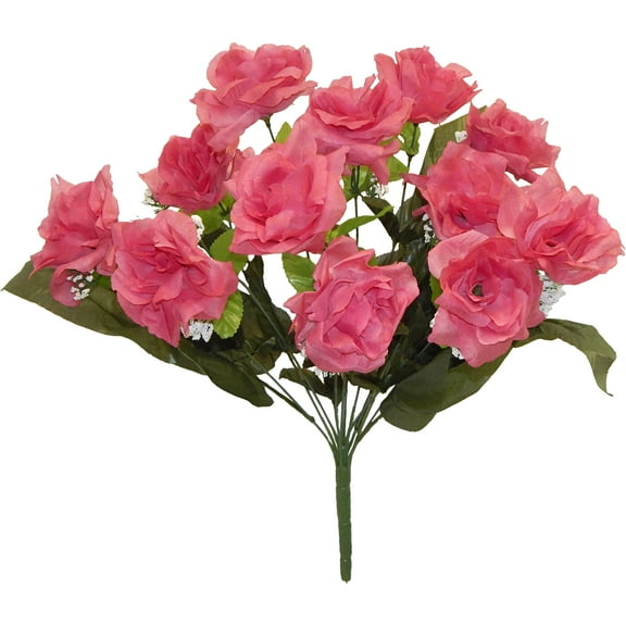 Paradise Blush Pink Open Bloom Rose with Gypsophila 21in Artificial Polysilk Faux Fake Flower Bush for Craft Home Bouquet Arrangement Ceremony Wedding Arch Floral Wall Aisle Decor (Mauve, Set of 3)