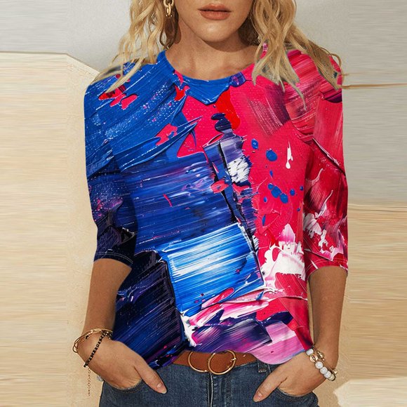 Baikeli Womens Summer Tops Trendy Women's Independence Day Fashion Printed Round Neck 3/4 Sleeve T-Shirt Top 3/4 Sleeve Dress for Women