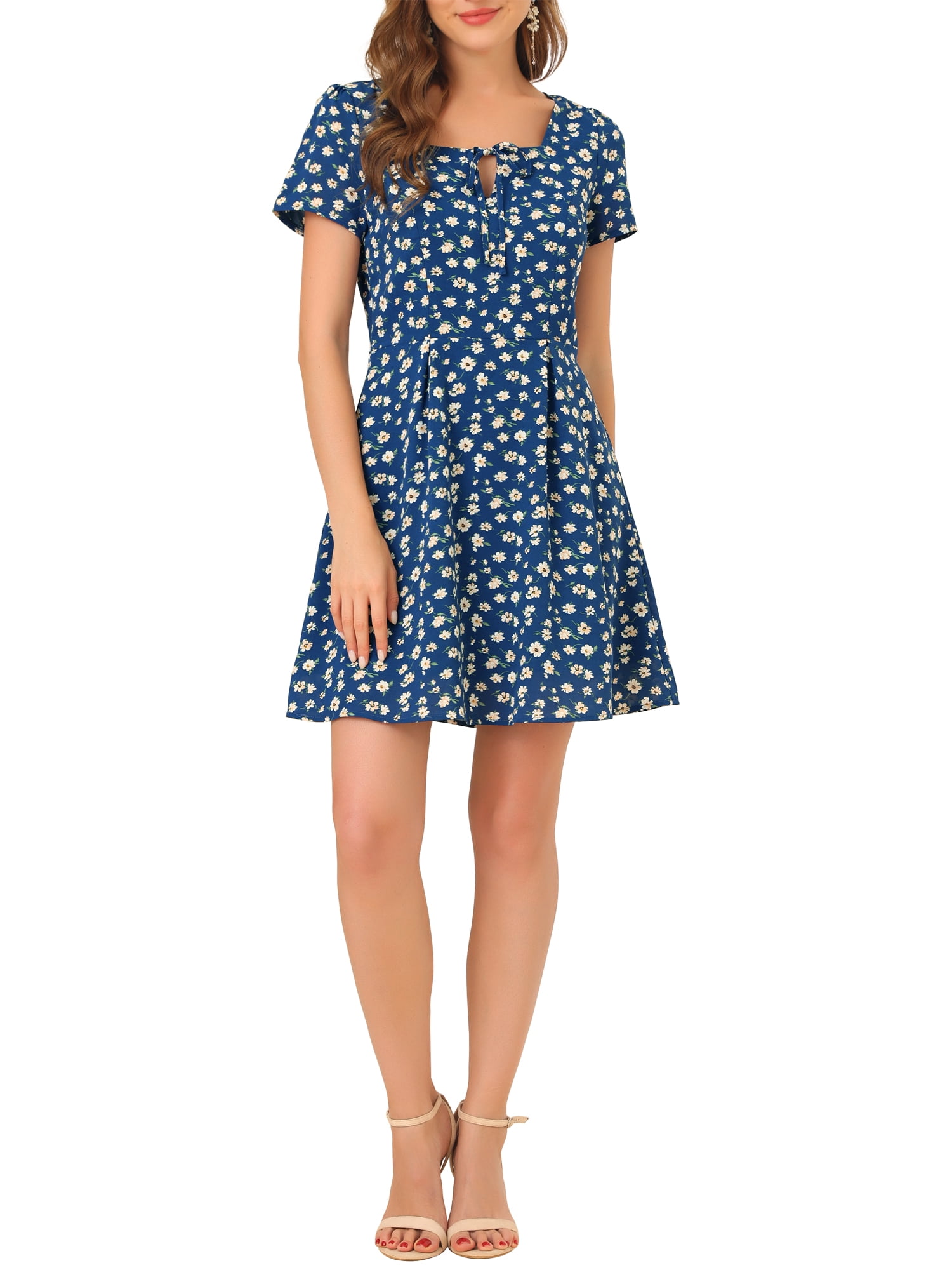 DARING DIVA Square Neck Short Sleeve Print A-Line Dress L Blue-Floral