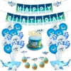 Suzicca Party Supplies Birthday Baby Happy Birthday Banner Shark Balloons Cake Topper CupCake Toppers for Baby Birthday Party Decorations