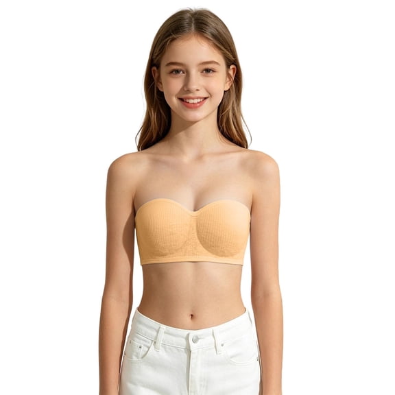 Girls Push Up Strapless Bras Soft Fitting Unlined Bandeau Bra Non Slip Wireless No Underwire Padded Tube Bra(Beige,32)