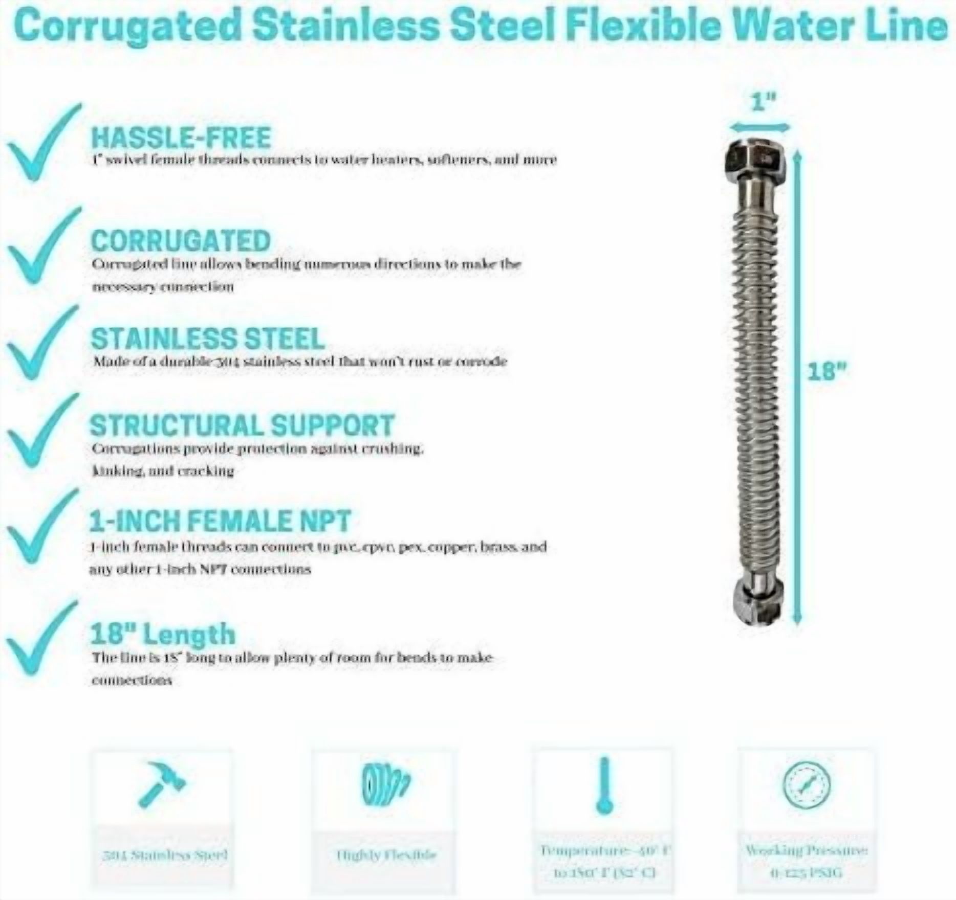 Corrugated Stainless Steel Flex Line with 1-inch Female NPT - 18-inch Long
