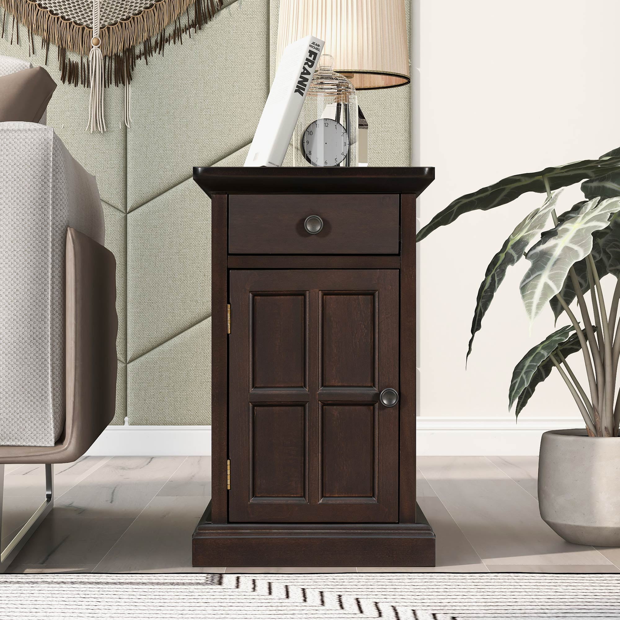 Modern End Table Side Table with USB Ports & Cup Holders,Accent Table Bedside Table for Small Spaces,Living Room,Bedroom,Espresso