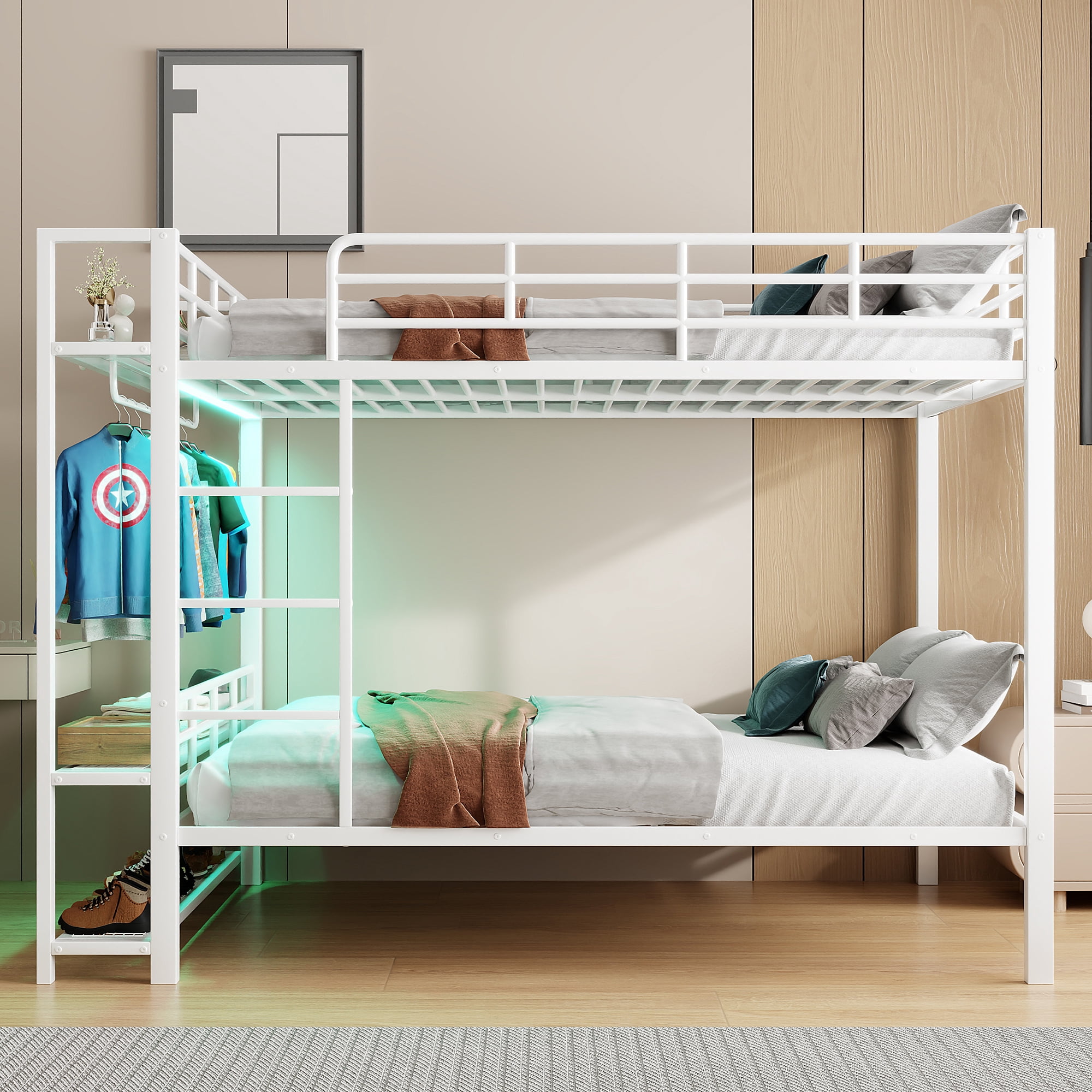 Euroco Metal Full over Full Bunk Bed wih Storage Shelves, Clothes Habnger and LED Light for Kids Teens Room, White