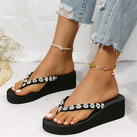 

Ladies Fashion Rhinestone Flower Flock Flip Flop Wedge Platform Slippers Plush Bear Slippers for Women Ballet Slippers for Women House Shoes Fuzzy Slippers Women Open Toe Women Slippers with Arch