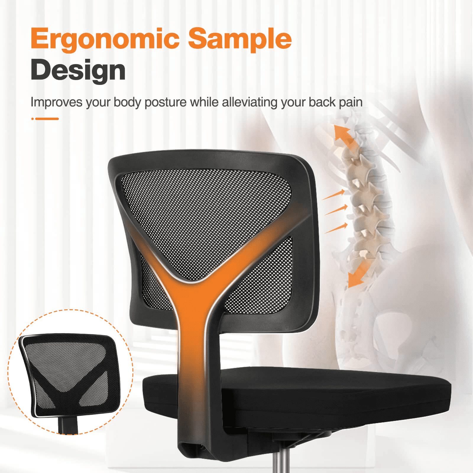 MAYEERTY Home Office Desk Chair, Armless Mesh Computer Chair Small Space Swivel Adjustable Low Back Task Chair for Teens/Adults, Black