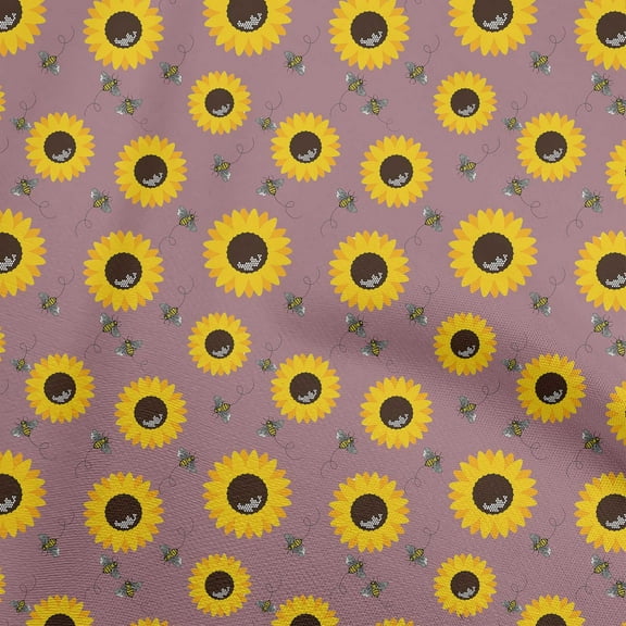 oneOone Viscose Chiffon Pink Fabric Floral Sunflower With Honey Bees Craft Projects Decor Fabric Printed By The Yard 42 Inch Wide