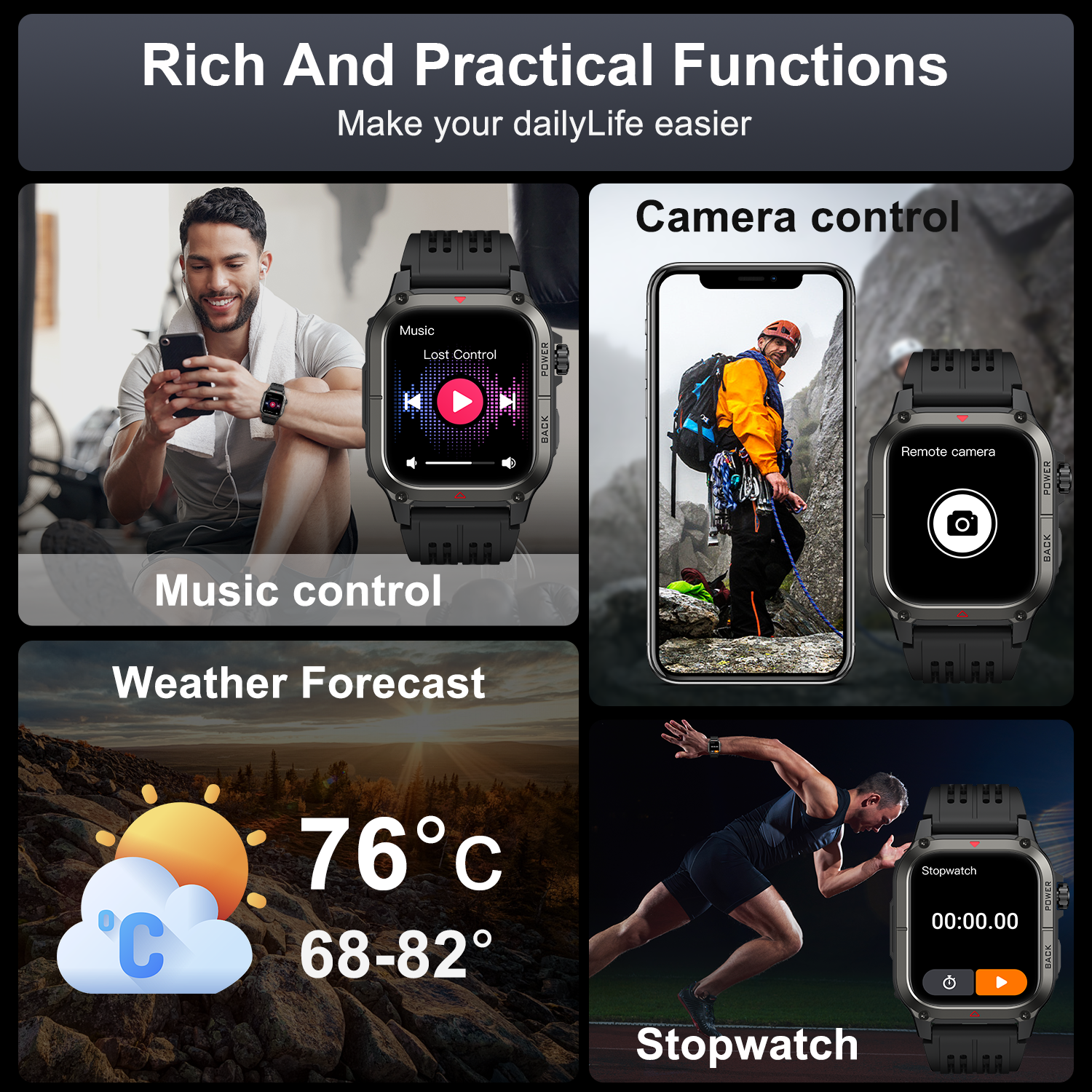Tikland Military Smart Watch 1.91" HD Rugged, Black photo 3