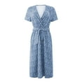 thumbnail image 3 of Frontwalk Women Summer Midi Dress V Neck Swing Dresses Floral Print Sundress Party Breathable Short Sleeve Blue S, 3 of 5