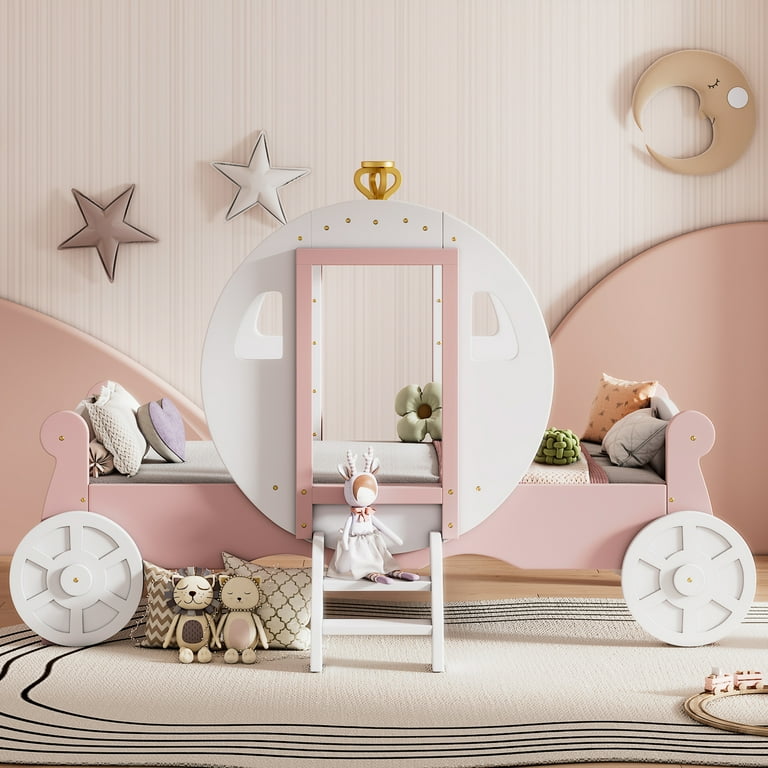 Euroco Wood Twin Size Princess Carriage Bed with Crown Fairy tale