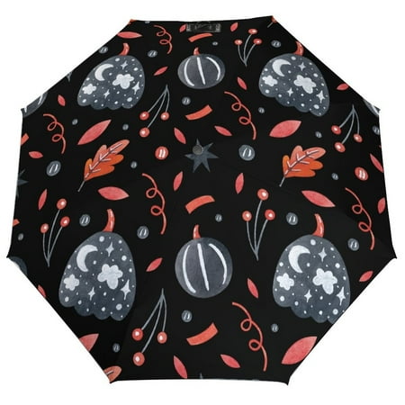 

ANYWAY.GO Windproof & Water-Resistant Compact Foldable Travel Umbrellatotes Black Pattern Pumpkins Leaves Portable Travel Umbrella，Diameter 42.5 in