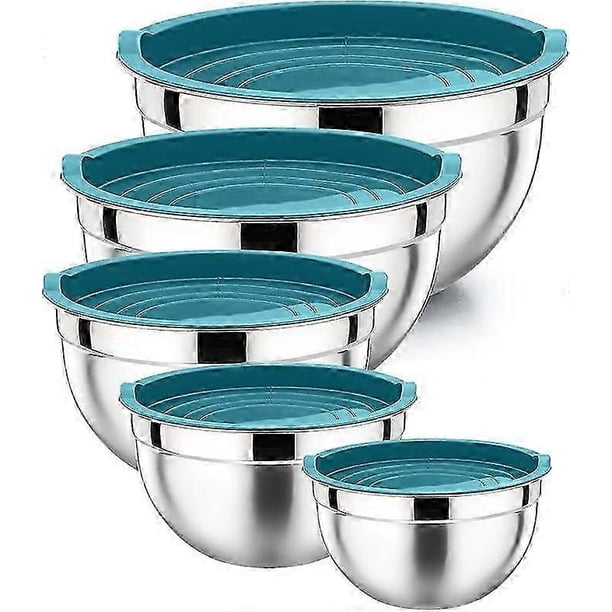 Chef Mixing Bowl with Sealing Lid, 6-Piece Stainless Steel Metal Bowl with Measurement Marks and Colorful Non-Slip Bottom Sizes 7, 3.5, 2.5, 2.0