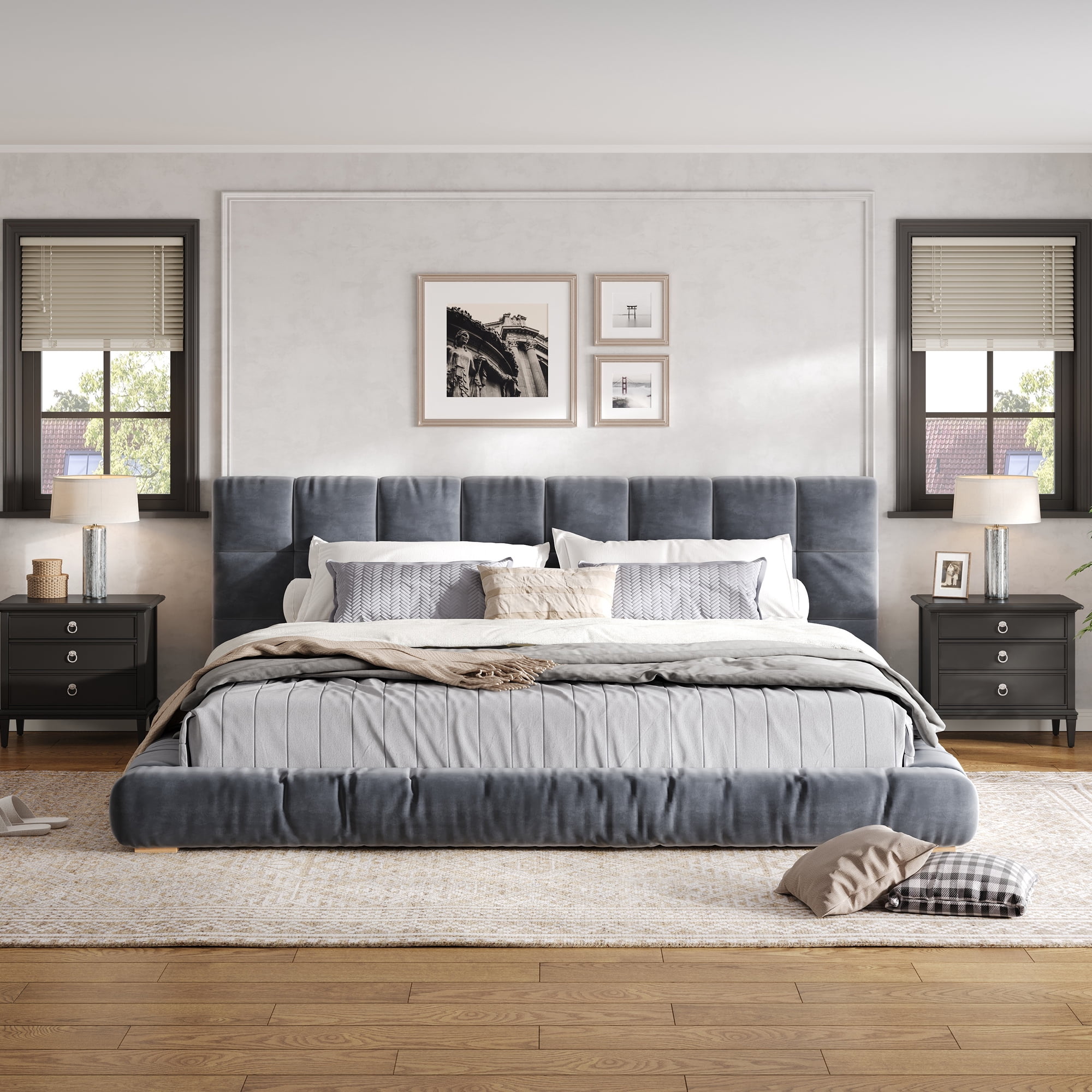 Euroco Velvet Upholstery King Size Platform Bed with Channel Tufted Headboard, Gray